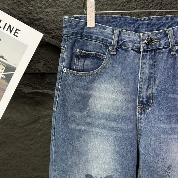 Chrome Hearts Butterfly Print Washed Loose Jeans